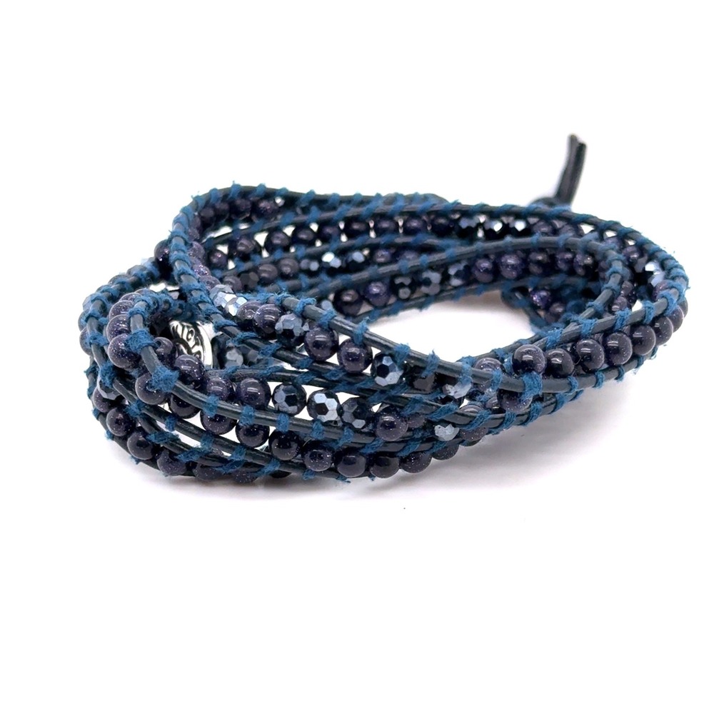 Victoria Emerson Navy Blue Leather Beaded Wrap Bracelet 33 Inch Boho Layered